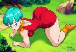 ai_generated arched_back ass ass_up blue_eyes blue_hair bulma_briefs clothed clothing doggy_style doggy_style dragon_ball dragon_ball_super dragon_ball_z hourglass_figure mommy on_fours red_dress smile smiling smiling_at_viewer t8r thick_thighs thighs viewed_from_above