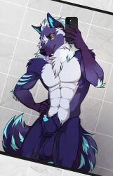 abs animal_genitalia annairu anthro aura balls bathroom blep bodily_fluids canid canine canis cellphone electronics fangs fluffy fluffy_tail fuzzy fuzzy_balls genital_fluids genitals hi_res male mammal mane mirror mythological_canine mythological_creature mythology pecs penis penis_tip phone precum purple_eyes rexxy_(pipinosgr) saggy_balls scar selfie sheath solo tail teeth tongue tongue_out vein veiny_balls werecanid werecanine werecreature werewolf wolf yellow_eyes