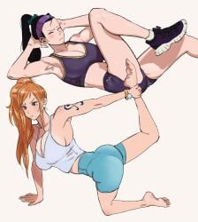 2girls adult adult_female alternate_hairstyle arm_tattoo armpit armpit_crease armpit_peek armpits ass ass ass_cleavage back bare_armpits bare_arms bare_belly bare_calves bare_hands bare_knees bare_legs bare_midriff bare_navel bare_shoulders bare_skin bare_thighs belly black_hair black_hair_female breasts busty busty_female busty_girl butt_crack calves camisole cleavage closed_eyes collarbone earrings elbows exercise exercising exposed_armpits exposed_arms exposed_belly exposed_legs exposed_midriff exposed_navel exposed_shoulders exposed_skin exposed_thighs feet female female_focus female_only fingers foot_up full_body groin hairband hairless_armpits high_resolution highres jerrydurd knees large_breasts lean_figure leg_up legs long_hair mature mature_female midriff multiple_females multiple_girls nami nami_(one_piece) narrow_waist nico_robin one_piece orange_eyebrows orange_eyes orange_eyes_female orange_hair orange_hair_female parted_bangs ponytail shaved_armpits shorts shoulders sideboob simple_background slender_body slender_waist slim_waist sports_bra stretching tank_top tattoo tattoo_on_arm tattooed_arm thick_thighs thighs topwear white_background