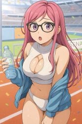 ai_generated big_breasts boob_window breasts diamond_cutout exposed_torso fat_tits female glasses jacket long_hair midriff nice_tits not_porn oc original_character out_of_breath pink_eyes pink_hair pinku_(oc) running shiny_skin stadium stadium_background stomach sweat sweatdrop sweating tight_clothes underwear victory water_bottle white_top white_underwear workout workout_clothes