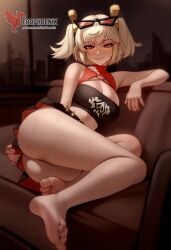 1girls 2d ai_generated ass back bangs bare_shoulders barefoot big_ass big_breasts black_panties blonde_hair burnice_white cleavage dress erophoenix feet female female_focus full_body long_hair looking_at_viewer navel pale_skin pale_skinned_female panties patreon_username red_eyes sitting skirt smile soles solo sports_bra thick thick_thighs toes twintails uncensored underwear zenless_zone_zero