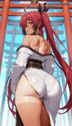 1girls ahoge ai_generated ass ass_focus back bare_shoulders black_choker black_ribbon blue_sky blush choker date_a_live day ear_piercing from_behind hair_ribbon huge_ass itsuka_kotori japanese_clothes kimono long_hair long_sleeves looking_at_viewer looking_back multiple_torii mykibuu obi off_shoulder official_alternate_costume one-piece_tan open_mouth outdoors pantylines parted_lips piercing red_eyes red_hair ribbon sash shoulder_blades side_slit sky solo tan tanlines thighs torii twintails very_long_hair white_kimono