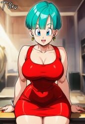 ai_generated blue_eyes blue_hair bulma_briefs clothed clothing dragon_ball dragon_ball_super dragon_ball_z front_view hourglass_figure indoors milf narrow_waist red_clothing short_hair sitting smile smiling t8r thicc thick_thighs thighs tight_clothing wide_hips