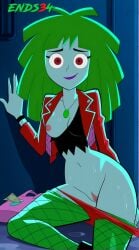 danny_phantom ends34 female female_only green_hair hips kitty_(danny_phantom) looking_at_viewer medium_breasts prostitution pussy red_eyes skirt smile stockings