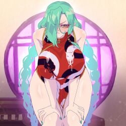 1girls 2d blush breasts chinese_clothes digimon dress female gerusyu green_hair hair huge_breasts large_breasts leaning_forward long_hair looking_at_viewer mervamon solo thick_thighs twintails