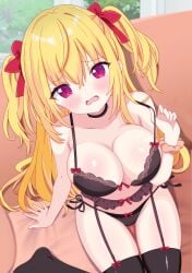 absurdres bare_shoulders black_bra black_choker black_panties blonde_hair blurry blush bow bow_panties bra breasts choker cleavage collarbone commission depth_of_field female garter_belt garter_straps gyaru hair_between_eyes hairbow highres hiiragisensei large_breasts lingerie long_hair looking_at_viewer navel no_shoes oerba_yun_fang open_mouth original panties pixiv_commission purple_eyes red_bow side-tie_panties solo thighhighs two_side_up underwear underwear_only