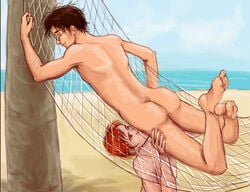 2boys armpit_hair barefoot beach blowjob cock_gobble cock_hungry crossed_ankles cum_hungry dark_brown_hair fellatio fishnet freckled_skin gay ginger_hair giving_head glasses going_down_on hammock harry_james_potter harry_potter male male_only no_visible_genitalia nude ocean oral oral_sex penis_in_mouth reallycorking ron_weasley sucking sucking_off yaoi