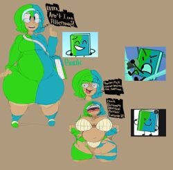 1girls battle_for_dream_island belly blue_hair book_(bfdi) bra breasts chubby chubby_female cleavage dark-skinned_female dark_skin dress english_text fat female female_focus female_only glasses green_hair hairband hips large_breasts object_shows ponk reference_image ripping_clothing stomach tan_body text thick_thighs thighs underwear wide_hips