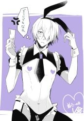 aged_up alternate_costume anger_vein angry bunny_ears crossdressing femboy gegege_no_kitarou getakichi hair_over_one_eye heart_pasties kitarou looking_at_viewer male male_only monochrome necktie pasties reverse_bunnysuit solo twink