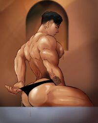 1boy arm_tattoo artist_name ass bara black_hair black_male_underwear closed_mouth dripping ear_piercing idoraad large_pectorals lilprincyvi male male_focus male_only male_underwear muscular muscular_male neck_tattoo nipples pectorals piercing real_person sitting solo solo_male tattoo thick_thighs thighs underwear underwear_only xexh