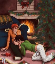 blowjob christmas christmas_lights christmas_tree closed_eyes fellatio fire fireplace gay harry_james_potter harry_potter j.k.rowling male male_only multiple_males nightwear penis reallycorking ron_weasley tagme yaoi