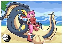 1girl1boy 1girls amy_rose artist_signature beach biting_lip biting_own_lip blush boots cowgirl_position crossover dress dress_lift eelektross furry furry_female generation_5_pokemon green_eyes headband hedgehog_girl ocean penetration penis pink_body pink_hair pokemon pokemon_(species) pokephilia red_dress red_eyes seikatsueclipse sex size_difference sonic_(series) sonic_the_hedgehog_(series) teeth vaginal_penetration