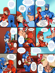 2boys abs anal anal_sex biceps blue_eyes blush brown_eyes captain_america chameleon comic cowboy_position cowgirl_position cum cum_in_mouth cum_inside dialogue dmitri_smerdyakov english erection fellatio gay kissing kneeling male male_only marvel mask muscles navel oral pecs penis peter_parker sirio smooth_skin spider-man spider-man_(series) steve_rogers testicles torn_clothes uncensored vein yaoi