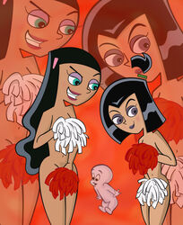 1boy 2girls blush breasts brown_skin casper casper_the_friendly_ghost cheerleader cheerleaders crossover danny_phantom dark-skinned_female dark_skin female goth human male multiple_females nickelodeon paulina_sanchez pointy_chin pom_poms punk sam_manson straight_hair yumibow