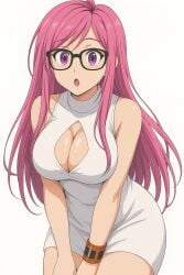 ai_generated big_breasts blush boob_window breasts curious diamond_cutout fat_breasts glasses hair long_hair looking_at_viewer oc open_mouth orange_bracelet orginal_character original_character pink_eyes pink_hair pinku_(oc) shiny_breasts tight_dress white_background white_dress