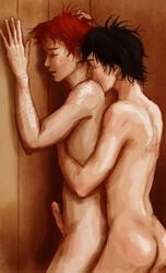 2boys against_wall anal anal_sex ass black_hair closed_eyes erection freckled_skin freckles gay glasses harry_james_potter harry_potter kissing_neck male male_only multiple_boys multiple_males nude penis reallycorking red_hair ron_weasley sex sex_from_behind standing_sex yaoi