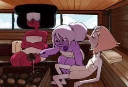 3girls amethyst_(steven_universe) black_hair cartoon_network cream_hair discount-supervillain garnet_(steven_universe) gem_(species) light_skin pearl_(steven_universe) purple_skin red_skin sauna steven_universe sweating towel towel_wrap white_hair