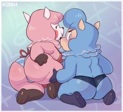 alpaca animal_crossing anthro apron ass bitebox64 blue_body blue_fur blush blushing_at_viewer both_sexes_in_same_situation bottomwear camel_toe camelid clothed clothing crossdressing cyrus_(animal_crossing) duo female fur hi_res holding_leg holding_thigh kneeling lace_panties looking_at_viewer male mammal married_couple nintendo panties pattern_bottomwear pattern_clothing pattern_panties pattern_underwear pink_body pink_fur rear_view reese_(animal_crossing) striped_bottomwear striped_clothing striped_panties striped_underwear stripes underwear
