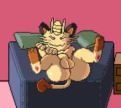 3_toes animated anthro anus ass balls bed bedroom blush brown_body brown_fur digital_media_(artwork) domestic_cat feet felid feline felis fur furniture generation_1_pokemon genitals humanoid_genitalia humanoid_penis inside male mammal meowth nintendo nude nude_anthro pawpads paws penis pixel_(artwork) pixel_animation pokemon pokemon_(species) sharpbean solo tail tail_motion tan_body tan_fur toes