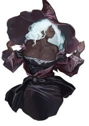 1girls big_breasts big_hat busty cleavage dark-skinned_female dark_skin elden_ring elden_ring_nightreign femal female female_only fromsoftware hat huge_breasts large_breasts miaojiangyou milf mostly_clothed recluse_(nightreign) revealing_clothes white_hair witch witch_hat
