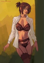 1girls attack_on_titan big_breasts breasts brown_eyes brown_hair brown_hair brown_hair_female brunette_hair female female female_only glasses hange_zoe hanji_zoe lewdpala lingerie mommy pubic_hair pubic_hair_peek shingeki_no_kyojin sole_female tagme unbuttoned unbuttoned_shirt