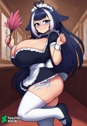 1girls ai_generated blue_hair body_markings bowtie cleavage cleavage_cutout deviantart_username feather_duster female gigantic_breasts long_hair maid maid_outfit mansion miniskirt one_leg_up presenting purple_eyes shylily smug standing_on_one_leg thick_thighs thighhighs vtuber vtuberfanart yasuhikonsfw