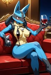 ai_generated big_breasts cup_of_wine furry furry_female lucario micro_bikini pokemon pokemon_(species) pokephilia razhdeluxe