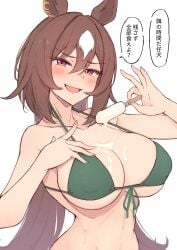 animal_ears arrogant bikini breasts brown_hair dominant female food green_bikini hair_between_eyes highres himuraanzu holding holding_food holding_popsicle horse_ears horse_girl large_breasts long_hair looking_at_viewer open_mouth popsicle red_eyes simple_background sirius_symboli_(umamusume) solo speech_bubble swimsuit translation_request umamusume upper_body white_background