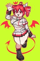 1girls 2d 2d_(artwork) ahoge ass_visible_from_the_front belly big_ass big_breasts big_thighs boots breasts chubby chubby_female clothed clothed_female clothing crop_top cropped_jacket exposed_belly fangs female female_only fully_clothed green_background hair_ornament hairbow huge_ass huge_breasts huge_thighs ineffective_skirt kasane_teto kasane_teto_(sv) large_ass large_breasts large_thighs marshort miniskirt navel oerba_yun_fang red_eyes red_hair shiny_skin skirt smile solo solo_female sweat sweating synthesizer_v tail thick_thighs thighs twin_drills utau waving wings