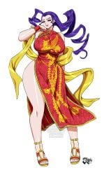 big_breasts capcom chinese_clothes commission cosplay dead_or_alive full_body hi_res jadenkaiba lei_fang_(cosplay) long_hair long_legs looking_at_viewer purple_hair rose_(street_fighter) smiling smiling_at_viewer street_fighter street_fighter_alpha thick_thighs tuft white_background wide_hips