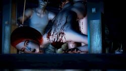 1girls beheaded death deathpunch decapitation female female_death guillotine guro male nude_female red_hair skull_mask straight tagme
