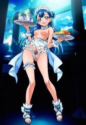 1girls ai_generated apron blue_hair breasts female female_only food hugtto!_precure light-skinned_female light_skin long_hair nipples precure pretty_cure pubic_hair ramen1919 solo toei_animation toes yakushiji_saaya