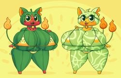 2d_(artwork) anthro background bikini breasts collar curvy curvy_figure feline female female_focus female_only fruit ghost huztar jibanyan looking_at_viewer melonyan shortstack thick thick_thighs thighs watermelonyan yo-kai(species) yo-kai_watch