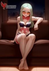 1girls 2d ai_generated ass back bare_shoulders barefoot big_ass bra cyberpunk:_(edgerunners) cyberpunk_2077 erophoenix female female_focus full_body green_hair long_hair looking_at_viewer pale_skin pale_skinned_female panties patreon_username rebecca_(edgerunners) red_eyes red_sclera sitting small_breasts smile soles solo tattoo thick thick_thighs uncensored underwear yellow_eyes
