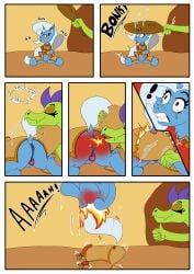 absurd_res ambiguous_gender anus armor ass breath_powers burning butt_on_fire clenched_teeth club_(weapon) comic draconightmarenight dragon duo elemental_manipulation equid equine female feral fire fire_breathing fire_manipulation friendship_is_magic gesture hand_gesture hasbro hi_res horn horse mammal melee_weapon my_little_pony mythological_creature mythological_equine mythological_scalie mythology pain pony pussy raised_tail reddened_butt scalie screaming sound_effects tail teeth text thumbs_up tongue tongue_out trixie_(mlp) unicorn vulva weapon