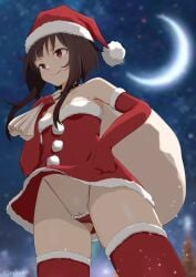>:) armpit_peek bag black_choker blurry blurry_background breasts brown_hair choker christmas cleft_of_venus closed_mouth clothes_lift commentary_request cowboy_shot crescent_moon crotch_seam depth_of_field dress dress_lift elbow_gloves female frilled_panties frills fur-trimmed_dress fur-trimmed_gloves fur-trimmed_thighhighs fur_trim gloves hat highleg highleg_panties highres holding holding_bag kono_subarashii_sekai_ni_shukufuku_wo! legs_apart long_sidelocks looking_ahead megumin micro_panties moon night night_sky panties pantyshot pussy pussy_peek red_dress red_eyes red_gloves red_panties red_thighhighs santa_hat short_dress short_hair_with_long_locks sidelocks sirokohi sky small_breasts smug solo split_mouth standing star_(sky) starry_sky strapless strapless_dress thighhighs tree underwear upskirt v-shaped_eyebrows variant_set wind wind_lift zettai_ryouiki