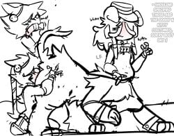 2boys chance_(forsaken) dog_chance_(forsaken) ears_down english_text forsaken_(roblox) gay kitty_cat_two_time lugiafan325 male monochrome official_alternate_costume roblox roblox_game self_upload stylized sucking tagme taur text two_time wagging_tail x-ray