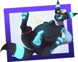 absurd_res after_vore ambris_(budzisfun) animal_genitalia animal_penis anus badge balls belly belly_rub big_belly black_body black_fur blue_genitals blue_markings blue_tongue bodily_fluids canid canine canine_genitalia canine_penis dripping eeveelution eyewear eyewear_on_head feral fur generation_2_pokemon genital_fluids genitals glowing glowing_genitalia glowing_markings glowing_paws goggles goggles_on_head green_eyes hi_res knot knotted_penis licking licking_lips licking_own_lips lightning_bolt lying male mammal markings masturbation nintendo on_back pawpads paws penis pokemon pokemon_(species) precum precum_drip raattled saliva saliva_on_tongue satchel scarf shiny_pokemon solo tongue tongue_out umbreon vore