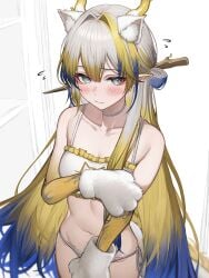 1girls arknights blue_eyes blush blush blush_lines fake_animal_ears fake_cat_ears female female_focus female_only light-skinned_female light_skin long_hair looking_away looking_down multicolored_hair shu_(arknights) shy small_breasts tab_head tagme underwear