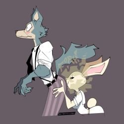 anthro beastars blush detonassion embarrassed enjoying_farts fart fart_cloud fart_fetish fart_sniffing female gas hand_on_butt haru_(beastars) legoshi_(beastars) long_ears male rabbit school_uniform size_difference smaller_female sniffing surprised tail white_fur wide_eyed wolf
