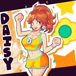 brown_hair busty character_name cleavage curvy earrings english_text green_eyes jarvidtakero light-skinned_female light_skin mario_(series) midriff nintendo ponytail princess_daisy short_shorts shorts