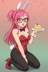 birthday_cake bob_cut bowtie breasts bunny_ears bunny_girl bunny_tail bunnysuit cake celebration cute glasses hair heels nice_tits not_porn oc open_mouth original_character pink_eyes pink_hair pinku_(oc) plate ponytail red_bunnysuit red_heels shiny_breasts slice_of_cake strawberry tights
