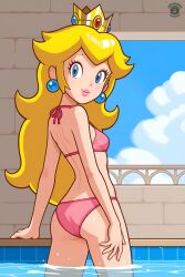 1boy 2025 accurate_art_style ai_generated alfrehr203 ass black_eyebrows blonde_hair_female blue_earrings blue_eyes_female booty castle_background deviantart female golden_crown looking_at_viewer looking_back_at_viewer male mario_(series) meta nintendo pink_bikini pink_lipstick pool_background princess_peach smile_at_viewer smiling_at_viewer super_mario_bros.