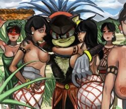 1boy 2d 5girls areola areolae black_fur black_hair brazilian brazilian_female breasts brown_skinned_female charlinguisso face_paint female furry hedgehog hi_res highres humanoid i_just_love_latinas_sonic latina long_hair looking_at_viewer male nipples no_bra red_eyes sega shadow_the_hedgehog sonic_(series) sonic_the_hedgehog_(series) tattoo topless tribe white_fur
