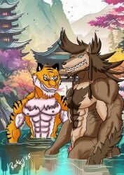 abs absurd_res anthro baño canid canine canis digital_media_(artwork) duo felid fur garfiel_tinzel hi_res male male/male mammal muscular nipples nude pantherine re:zero ricardo_welkin rockeythelombax tiger wolf