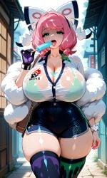 ai_generated big_breasts bow bra cleavage coat gym_uniform hair_ribbon klara_(pokemon) pink_hair pokemon pokemon_ss popsicle popsicle_melting seductive_look short_shorts thick_thighs tongue_out wet
