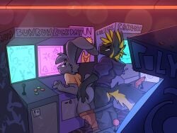 4:3 anal anal_sex anthro anthro_on_anthro anthro_penetrated anthro_penetrating anthro_penetrating_anthro arcade arcade_machine black_body black_fur bottomwear canid canine canis clothing doggy_style domestic_dog from_behind_position fur half-closed_eyes hi_res hoodie lagomorph leporid looking_pleasured mammal narrowed_eyes pants penetration penile penile_penetration penis_in_ass rabbit sex smile smirk smug smug_face standing standing_sex sweatpants topwear xing1 yellow_body yellow_fur