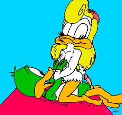 anthro blonde_hair duck female loon lying male nude on_back plucky_duck pouncer shirley_the_loon side_view sitting soft_feathers straddling straight tagme tiny_toon_adventures toony