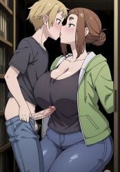 1boy 1girls age_difference ai_generated ayyaai bigger_female blonde_hair_male blush book bookshelf breasts brown_eyes brown_hair busty cleavage deep_cleavage erection fat_ass female french_kissing huge_breasts jeans kaii_to_otome_to_kamikakushi kissing kneeling kneeling_female larger_female male mature_female milf ogawa_sumireko older_female penis pulling_down_pants size_difference smaller_male sumireko_ogawa thick thick_ass thick_thighs tits_bigger_than_head veiny_penis voluptuous voluptuous_female younger_male