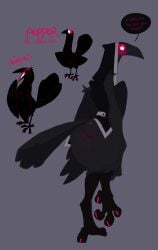 alternate_form anthro anus ass avian big_hands biped bird black_body black_feathers blush blush_lines bodily_fluids bubble_butt closed_eyes corvid corvus_(genus) crow dialogue eyelashes feathers female female_anthro female_feral feral happy hi_res hooded_vest huge_hands long_neck looking_at_viewer looking_back looking_back_at_viewer model_sheet nervous nervous_sweat non-mammal_vulva open_mouth oscine passerine pepper_(proxicute) pink_eyes pink_talons proxicute pussy quadruped rear_view side_view simple_background small_waist solo speech_bubble sweat thick_thighs tongue vulva wasp_waist white_tongue winged_arms wings